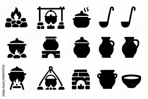 Collection of cooking pot icons featuring campfire and stove designs