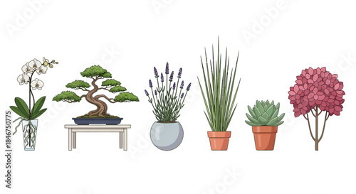 Assortment of cartoon potted plants showcasing diverse species and floral arrangements in vibrant