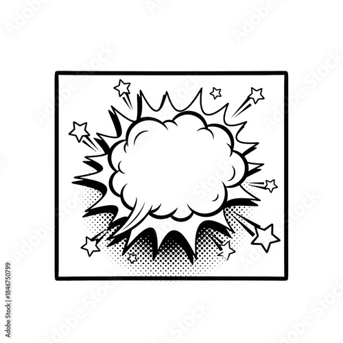 A bold black and white graphic comic speech bubble in an explosive burst shape, featuring halftone dots and surrounding stars, isolated on a transparent background. Concept of emphatic dialogue