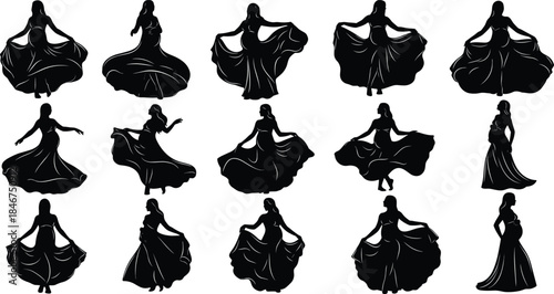 Set of Pregnant Woman Silhouettes in Elegant Flowing Gowns Representing Maternity Fashion Motherhood Pregnancy Celebration Nature Beauty and Expecting Mother