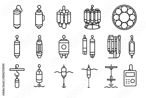 Collection of various buoy line art designs in black and white