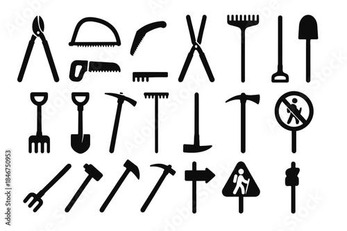 Collection of various gardening tools and warning signs silhouettes