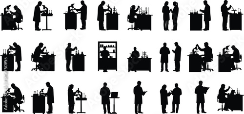 Set of Scientist Silhouettes Working in Laboratory with Microscope Beakers and Research Equipment for Science Medical Chemistry and Education Concepts