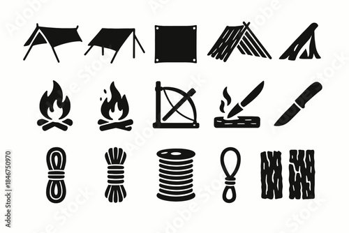 Camping and survival icon set: tents, campfires, knives, ropes in black silhouette