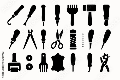 Silhouette set of leather crafting tools and accessories in black