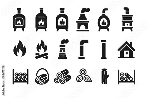Collection of fireplace and chimney icons with wood and fire symbols