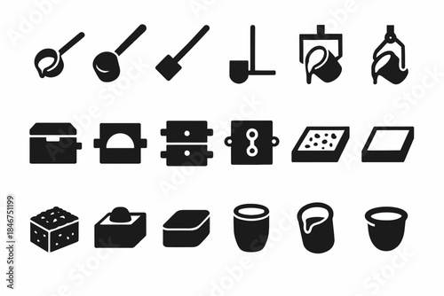 Icon set of industrial ladles and containers in simple black silhouettes