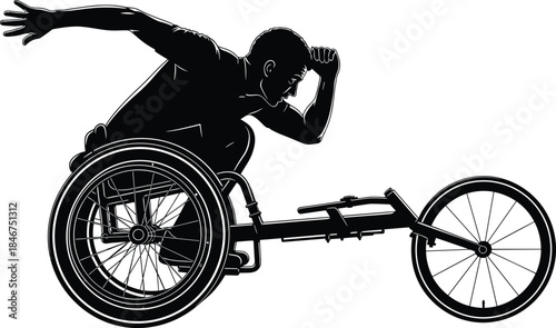 Silhouette of athlete in racing wheelchair, black vector illustration for adaptive sports, disability, motion, strength, inclusion, competition, speed