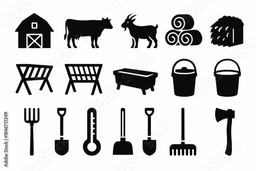 Silhouette icons of farm tools and animals including barn, cow, goat, hay, and equipment