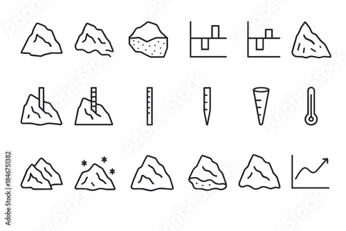 Geological symbols and tools line icons set: rocks, graphs, thermometer