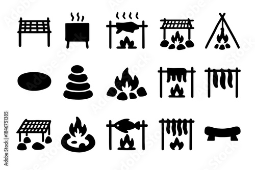 Collection of camping and outdoor cooking icons in black silhouettes