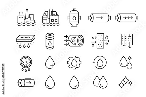 Water filtration icons: systems, processes, and purification