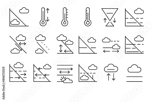 Weather icons set representing temperature, cloud, wind, and atmospheric conditions