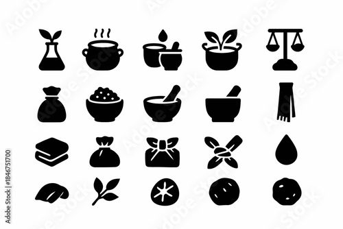 Herbal and culinary icon set: pot, scale, leaf, mortar, spice, egg, bag
