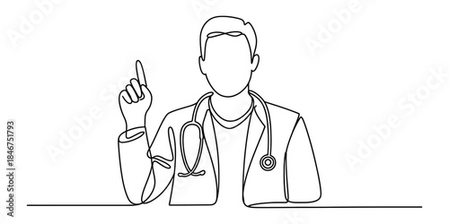 Continuous line drawing of a doctor with a stethoscope pointing upwards, giving advice. Vector, illustration