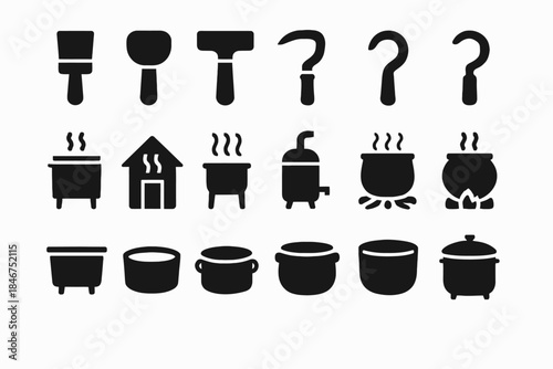Set of cooking utensils and pot icons: variety of pots, pans, and question mark silhouettes