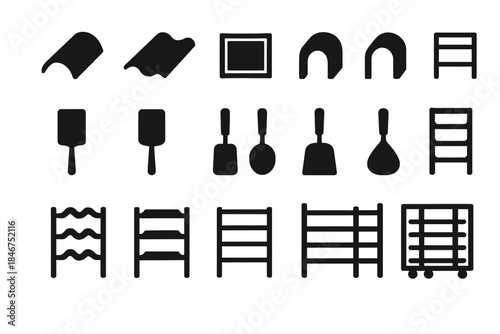 Set of black kitchen utensil silhouettes and rack icons in various shapes