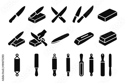 Set of kitchen utensil icons: knives, cutting boards, and rolling pins