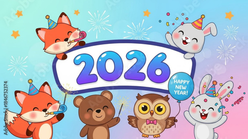 Happy new year 2026 celebration with cute cartoon animals wearing party hats