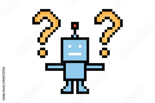 Cartoon humanoid robot learning toy robotic engineer bot machine business vector character automation electronic game background 8bit artificial intelligence pixel art.
