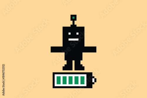 Cartoon humanoid robot learning toy robotic engineer bot machine business vector character automation electronic game background 8bit artificial intelligence pixel art.