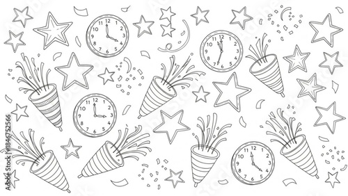 New year's eve celebration with party horns, clocks striking midnight, star confetti