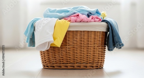 A wicker laundry basket filled with colorful clothes, including a blue shirt, a pink shirt, a yellow shirt, and a pair of blue jeans, on a wooden floor in a bright