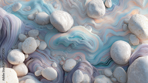 Abstract swirling patterns with smooth white stones create a serene, ethereal aesthetic. The interplay of colors and textures creates a captivating, artistic effect