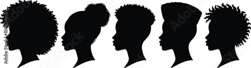 PrintAfrican American female and male profile silhouettes set, various natural hairstyles including afro, bun, fade, and coils, representing black beauty and culture