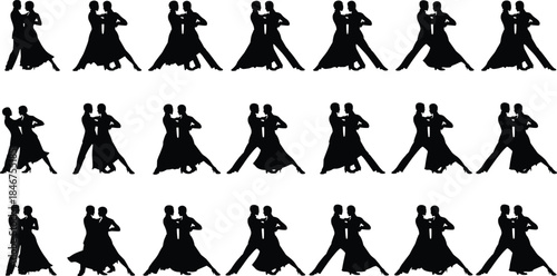 PrintBallroom dance couple silhouette pattern, romantic performance vector, elegant dancer outline illustration, partner movement graphic, love relationship design, artistic symbol collection