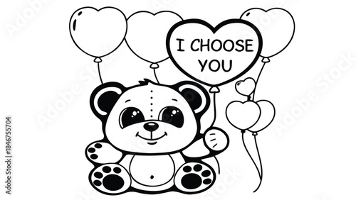 Hand drawn teddy bear holding one heart balloon with i choose you message surrounded by heart balloons