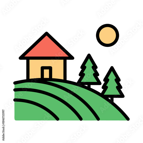 Cartoon illustration of a house on a green rolling hill with trees and sun.
