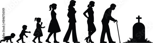 Human life cycle silhouette illustration, baby child adult elderly vector, aging stages design sketch, mortality outline icon, evolution graphic art
