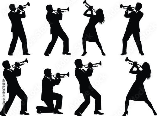 Trumpet player and musician black silhouette set, jazz, orchestra, and brass band instrument vector collection, music performance, entertainment, art, and classical sound graphic.