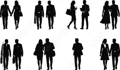 PrintProfessional business people couples silhouettes walking together holding hands engaging in conversation vector set representing partnership, teamwork, and modern corporate life.