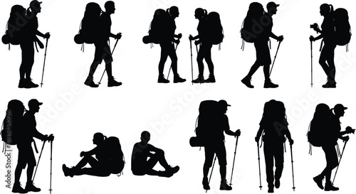Backpacker and hiker silhouette set, trekking, hiking, climbing, and mountaineering vector collection, outdoor adventure, travel, exploration, and wilderness graphic assets, active lifestyle.