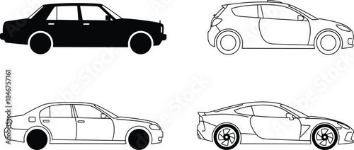 PrintVector Set of Four Automobile Body Styles Classic Black Sedan, Modern Hatchback, Executive Saloon, and Sports Coupe Outline Drawings, Side View Icons