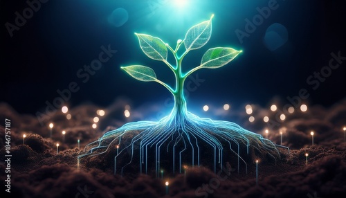 bio technology and digital root network concept energy flow and connection in natural systems a seedling with a glowing digital circuit like root system in the dark soil