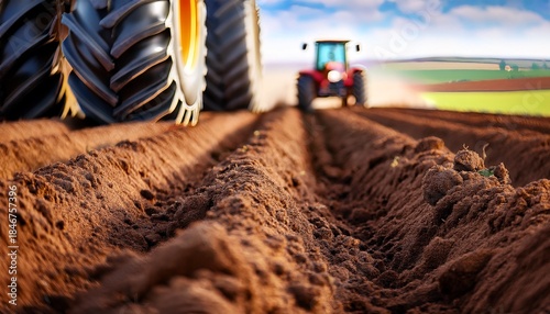 close up of rich brown soil in a furrow with a large tractor tire blurred in the background highlighting texture depth and everyday farming work