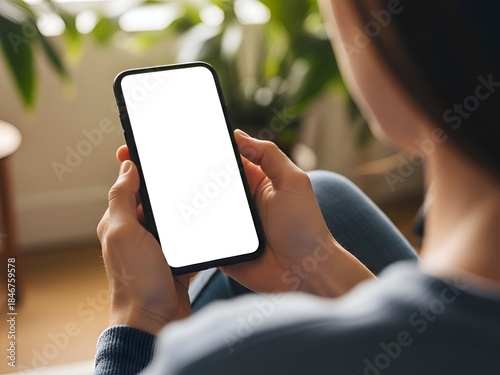 Young woman holding smartphone with blank white screen, relaxing at home with blurred green plants in the background, closeup over the shoulder view