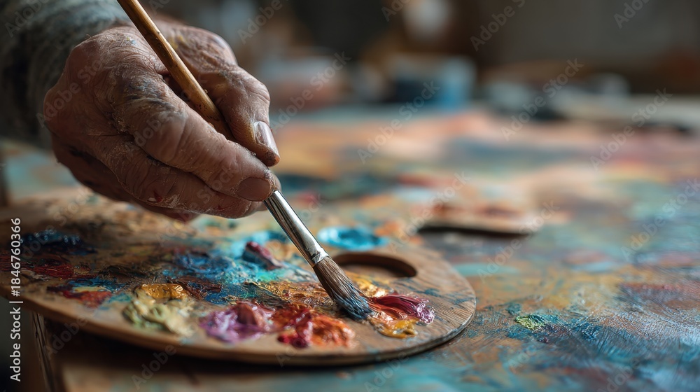 Fototapeta premium Artisan at Work: An artistic hand delicately guides a paintbrush across a vibrant palette, blending colors with passion and precision. Every stroke a testament to the artisan's skill and dedication.