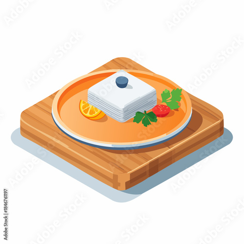Wooden serving board with boiled eggs and orange slices