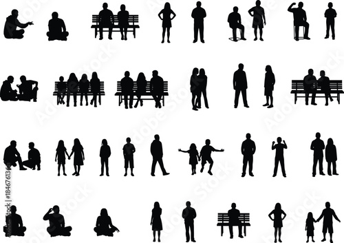 Large vector set of diverse people silhouettes sitting on benches, standing, and interacting in casual poses with children, perfect for park, social, and architectural scale figure graphics design.