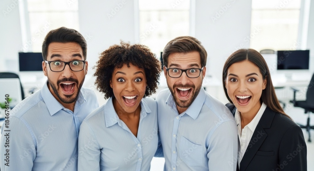 Obraz premium Four business professionals standing in an office with wide-eyed expressions.