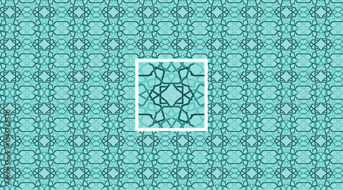 Seamless Teal Geometric Pattern with Intricate Arabesque Design Background