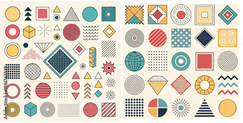 geometric shapes. Memphis design, retro elements for web, vintage, advertisement, commercial banner, poster, leaflet, billboard, sale. Collection trendy halftone vector geometric shapes.