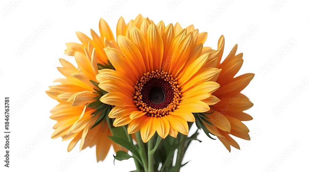 Naklejka premium Bright Yellow Sunflower Blossoms with Green Leaves on White Background