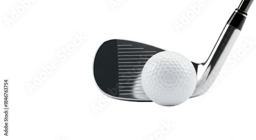 Macro close-up of a modern, sleek chrome golf iron poised behind a dimpled white golf ball on a transparent infinity studio background with bright high-key lighting, high-performance precision sports