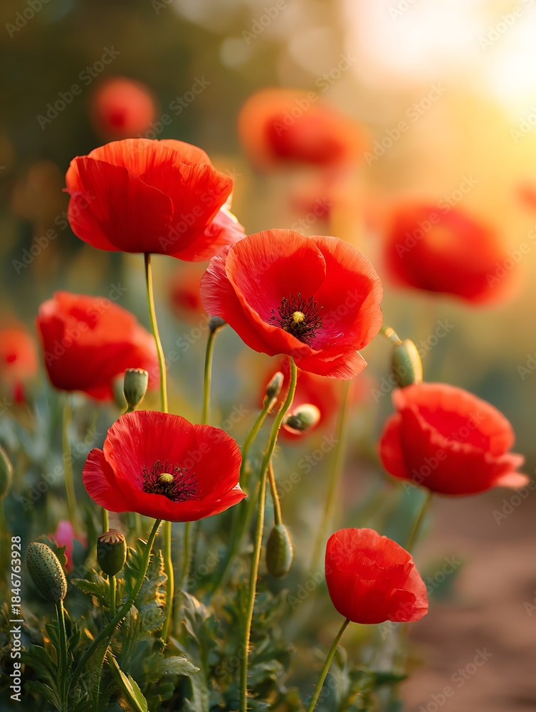 Fototapeta premium Vibrant field of red poppy flowers under a clear blue sky