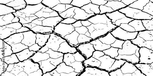High-resolution black and white cracked dry earth texture, natural drought soil pattern with deep fissures, abstract background symbolizing climate change, arid land, desert surface, and environmental